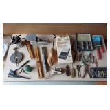 Misc items, electrical tools, postal scale, ice skate bottoms, binoculars, 2 portable cassette tape players, kettle, etc.