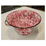 Enamelware 4 pieces, red speckle pan & colander, granite finish uncovered pot and pot with lid