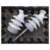 2 large Porcelain Ceramic Insulators, Lapp 2000 C Neck light grey (white?) 3-tier. See images for all markings and numbers. Dimensions: 7-5/8"H x 4-3/4"dia.