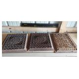 3 Fancy cast iron floor/wall grates register covers, two 14"x12" with damper slats fully functional, one 16"x12" no slats.