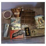 Various Collectibles, tins, playing cards, jars, sunburst tumblers, Isabel Bloom ornaments, pewter and glassware, salt & pepper shakers, crucifix, and more