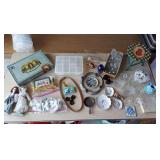 Various Collectibles incl. glassware, dolls, stoneware, hand painted china, carved wooden plates, small games, rooster cookie jar, etc