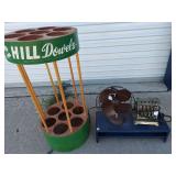 Workshop necessities: Rex-Ray fan, heater, rotating dowel holder, metal shelf, Sears work light in case, rolling wringer mop bucket, step stool, and more