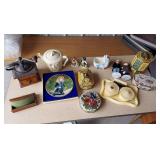 Various Collectibles includes Nesquik rabbit cups, vintage dresser set, coffee grinder, match holder, McCormick Distillery train decanters, super 8 film reels (probably cartoons), vintage hair dryer, 