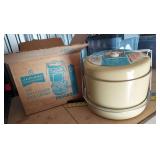 Vintage kitchen: Turnabout Bear Cookie Jar, 2 bread boxes, enamelware, coffee pot, triple-decker food carrier, mandolin slicers, wooden mallets