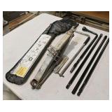 Automotive, includes AM/FM radio 8 track, jacks, lug nuts, tire irons, galvanized oil pan (16"dia,4"D), battery lifter, bike rack, and more