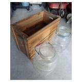 2 jumbo counter pickle jars with handles (no lids) and wooden box