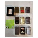 Nine lighters-3 Zippo, 3 Ronson and 3 unmarked. Plus tote with more lighters and repair supplies.