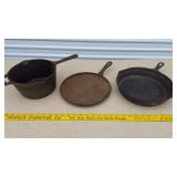 Cast Iron Pans, unknown mfg, no markings, pot is Lodge brand