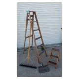 Maintenance items, wooden ladder, wooden step-stool, floor squeegee, dust pan, mop buckets on wheels, Civil Defense hard hat, and more