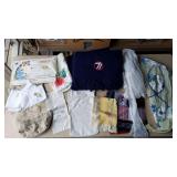 Linens, fabric items, 71st Infantry Amana blanket, lace aprons, flour sacks, Chicago Cubs 2016 World Series Champions flag