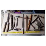 Various large hand tools, vintage and antique, auger bits, pipe wrenches, woodworking