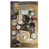 Alarm clocks, mantle clocks, clock parts of all kinds