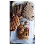 Baseball Gloves, balls, wooden bat