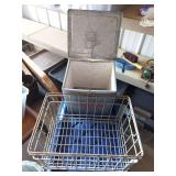 Containers - crock, heavy duty wire crate, metal milk box, bucket