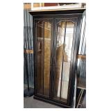 Glass front double door cabinet, glass shelves, lights untested, 76"H x 35"W x 12"D (depth not including doors or cornice)