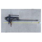 Antique Blacksmith 40" Post Leg Vise forge tool. Jaws estimated 3-3/4" open. Dimensions: 4"W x 41"L x 16"H, standard antique condition minor rust patina (not restored), no major damage, all parts inta