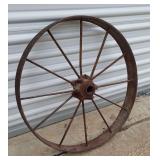 3 Antique Buggy Steel Wheels: (1) 26"dia. wheel with 3"W track; (2) 30"dia. wheels with 2"W tracks; all in standard antique condition, rust patina, intact with no major damage. (seller ID#s 630-01, 63