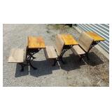 Set 3 Antique Student Desks. Date Range: 1900-1909. Turn-of-the-Century School House Desks, wrought iron & solid wood-slat construction, bench seats fold up. All in overall GOOD condition, functional 