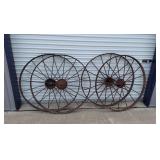 Set of (4) GIANT 44" Antique Buggy Steel Wheels (yard art wagon build garden decoration landscape). Left set(2): 44"dia, 3"W tread (convex). Right set(2): 44"dia, 2.5"W tread (concave). All are in sta