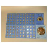 Washington head quarters as shown, loose change in tin includes pennies to half dollars and a belt buckle with Indian Head nickel