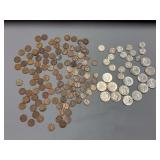 Approx 114 unsorted wheat cents, 15 Kennedy half dollars-1970’s, 1980’s and 1990’s, 1857 Flying Eagle 1 cent piece and 16 Jefferson nickels-1940’s and 1950’s
