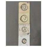 1953 Franklin half dollar, 1964 Kennedy half dollar, 1947 Washington quarter, 1939 Mercury dime