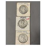 Three Walking Liberty half dollars-(1) 1917, (1) 1934, (1) 1935