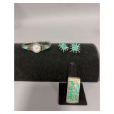 Possibly Turquoise accent watch, money clip, clip earrings