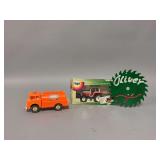 Gay Toys Gulf gas hauler, hand painted “Oliver” circular saw blade and 1:32 siku Steyr 9094 tractor