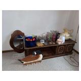 Coffee table and contents including glass vases, pitcher & bowl set and more