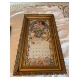Two framed pictures-17x31 May calendar page and canvas flowers marked on back Ruth L Zipprich 1912