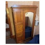 Quarter sawn oak All in One, probably a hotel piece, wardrobe, dresser drawers, tip out linen bin, beveled edge full length mirror 24D x 45L x 78H NO CONTENTS