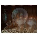 Pink depression glass, various pieces