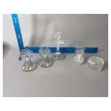 Clear glass candle holder, perfume bottles and trinket box