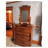 Walnut Eastlake style dresser w/ mirror, candle rests, hanky drawers, 20D x 40L x 84H