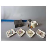 Lefton plaques, mustache cup, embossed jewelry box, etc