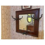 Oak mirrored coat/hat rack, beveled edge mirror, beaded edge frame, original hooks, 20 x 20