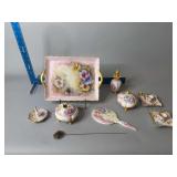 Hand painted dresser set by Helen  Burkart, purple stone hat pin