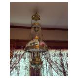 Hanging prism lamp with hand painted milk glass shade, no matching rings, ceiling reel, smoke bell, brass font