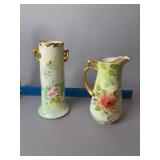 Marie Gordon hand painted pitcher and unmarked hand painted vase
