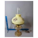 Electrified lamp with amber base and hand painted shade Shade is cracked, see photos