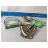 Vintage green handled kitchen tools and chicken cookie cutter