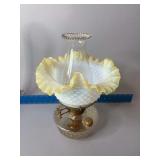 Two wick oil lamp with clear glass font and opalescent hobnail shade