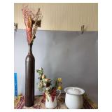 Two pieces enamel ware, modern hammered vase and tapestry