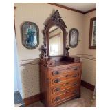 Walnut Victorian dresser w/ wishbone mirror, candle rests, hanky drawers, carved pulls 19D x 41L x 90H