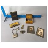 Matador Granulated Sugar tin, Farmers State Bank Monona bank, photos, needle book, etc