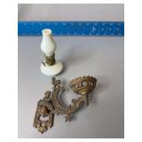 Miniature milk glass oil lamp w cast iron wall bracket marked “Little Harry’s Night Lamp”