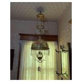 Hanging prism lamp w 2 matching rings, clear glass font, ceiling reel, smoke bell