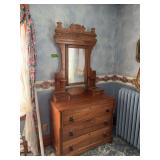 Walnut dresser w/ mirror, candle rests, hanky boxes, drop pulls 18D x 39L x 76H